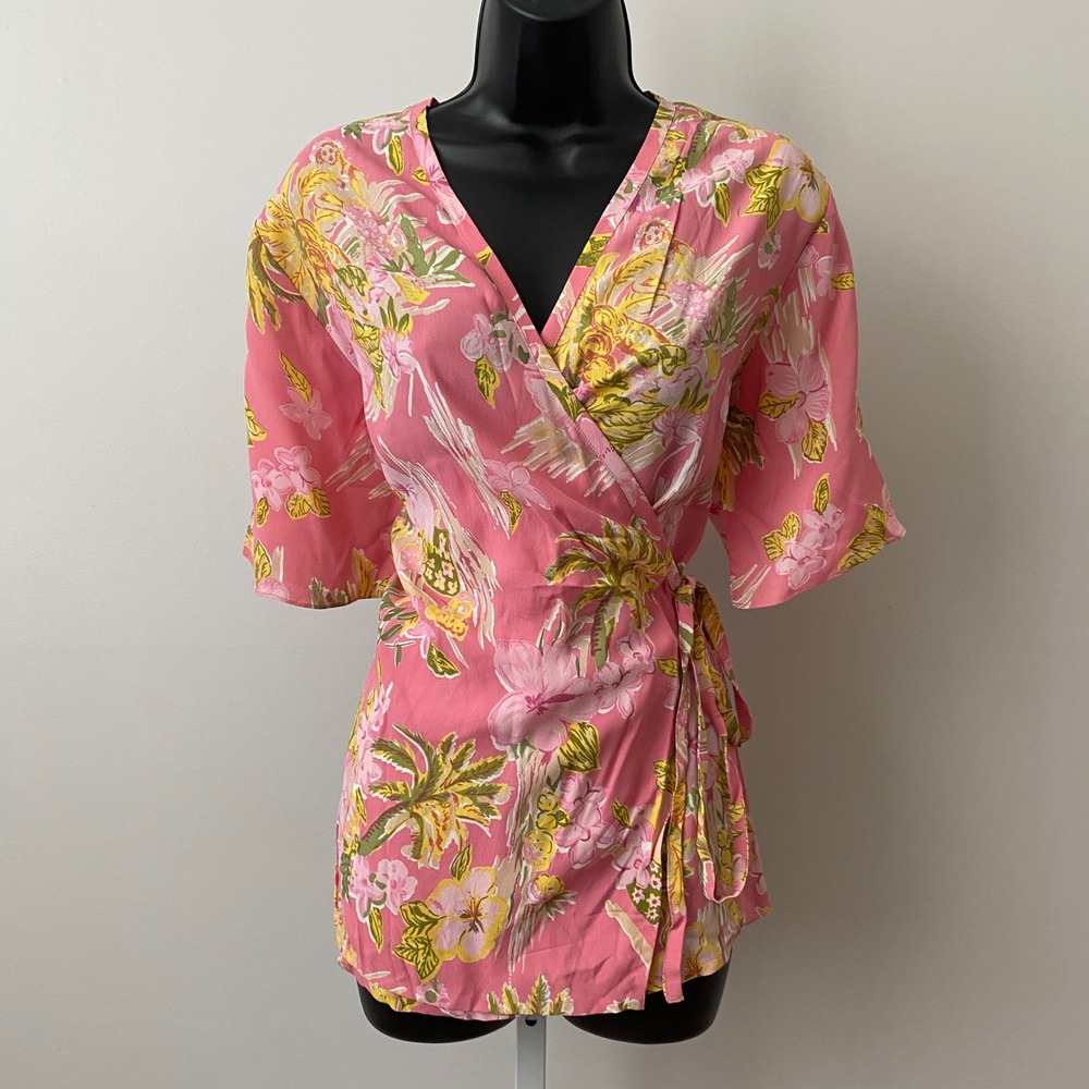 Lilac Boho Tropical Beachy Relaxed Tropical Floral Wrap Top XL Pink